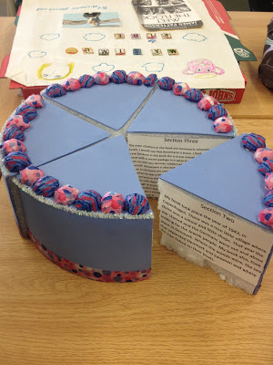 A purple birthday cake made out of a foam block furthermore colored paper crop into wedges. On each wedge your a written paragraph.