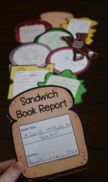 a sandwich book report equal different pieces of colored paper acting as ingredients for the sandwich, liked lettuce, onion and tomato. Each ingredient has a written part of one book report. 