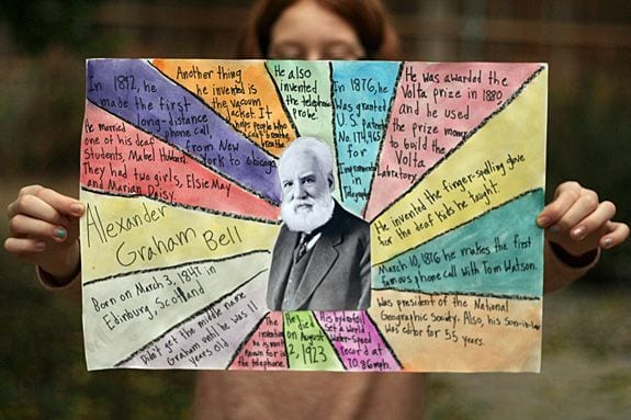 a posting with an image of alexanders graham bell in the mid divided into segments, each with a other fact written on it